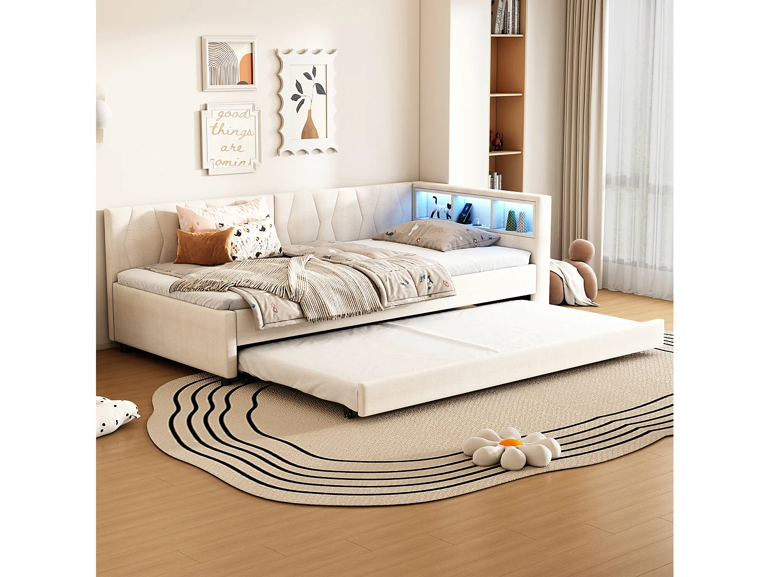 Canapé-lit 90x200cm - avec lit gigogne - avec USB + Type C - avec éclairage LED - beige (matelas non inclus)