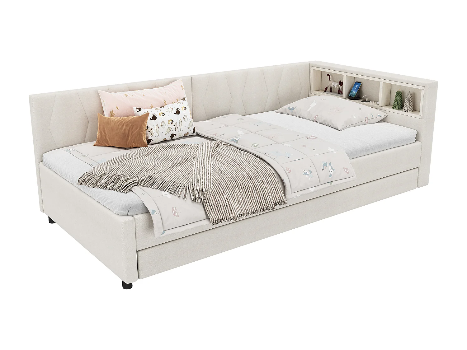 Canapé-lit 90x200cm - avec lit gigogne - avec USB + Type C - avec éclairage LED - beige (matelas non inclus)