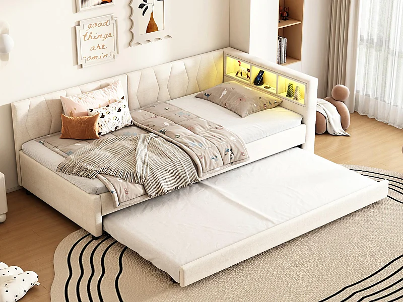 Sofá-cama 90x200 cm - com cama articulada - com portas USB + Type C - com iluminação LED - bege (colchão não incluído)