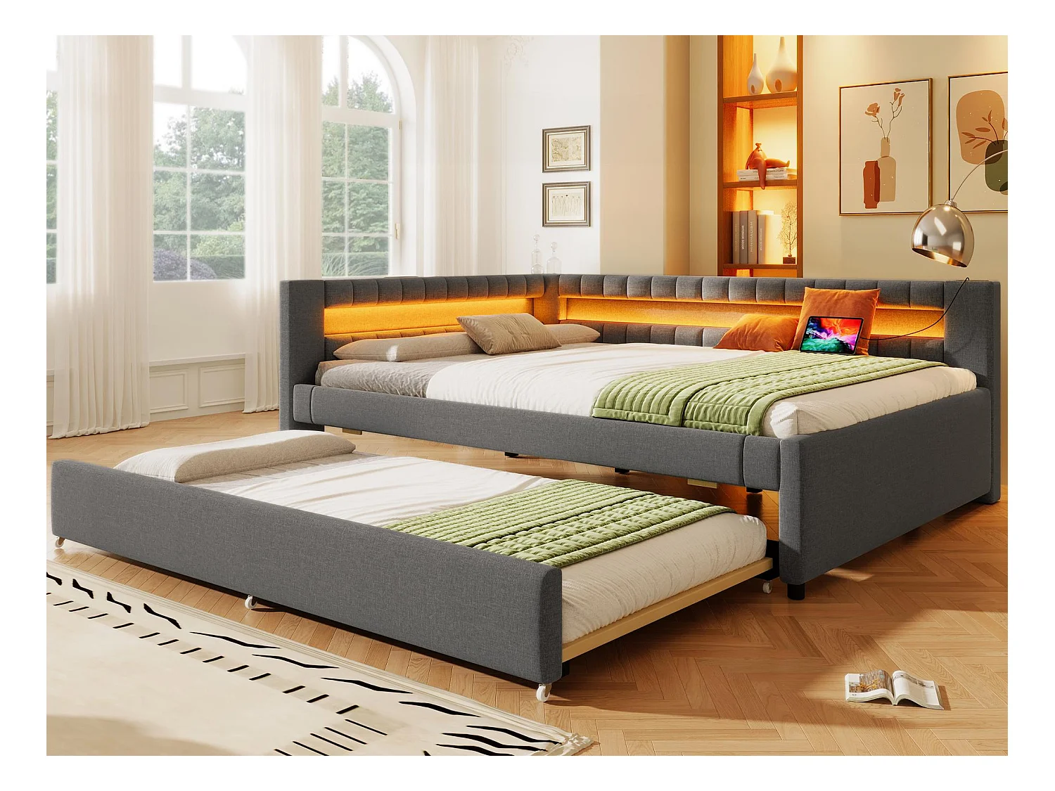 Sofá cama 140x200 cm - con iluminación LED - con cama nido - con puertos USB + TYPE-C - lino - gris (colchón no incluido)