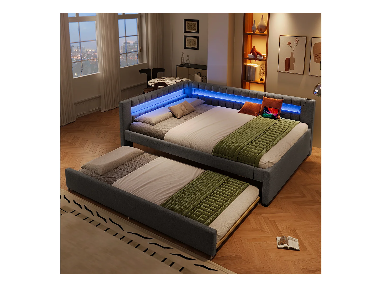 Sofá cama 140x200 cm - con iluminación LED - con cama nido - con puertos USB + TYPE-C - lino - gris (colchón no incluido)