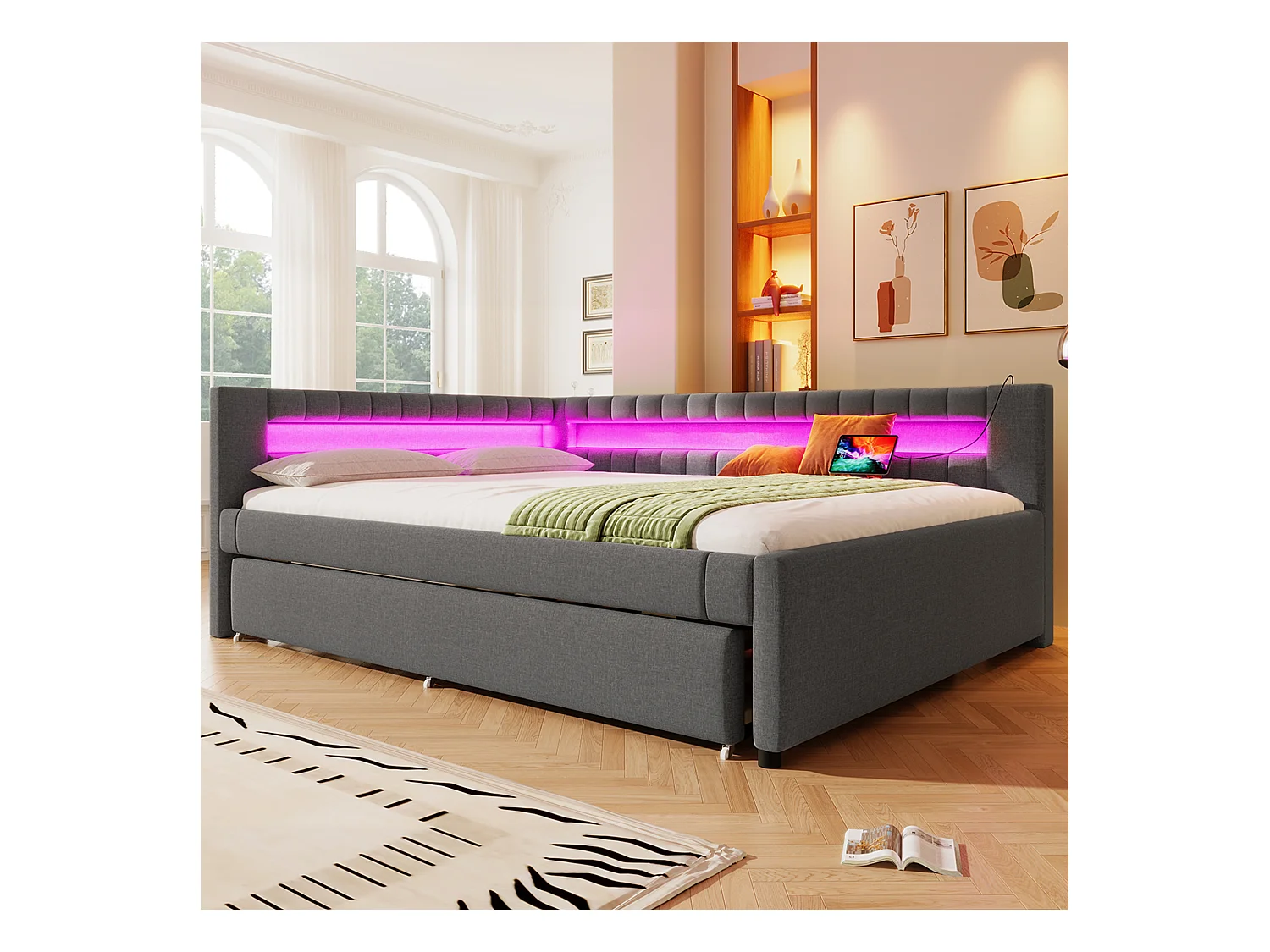 Sofá cama 140x200 cm - con iluminación LED - con cama nido - con puertos USB + TYPE-C - lino - gris (colchón no incluido)