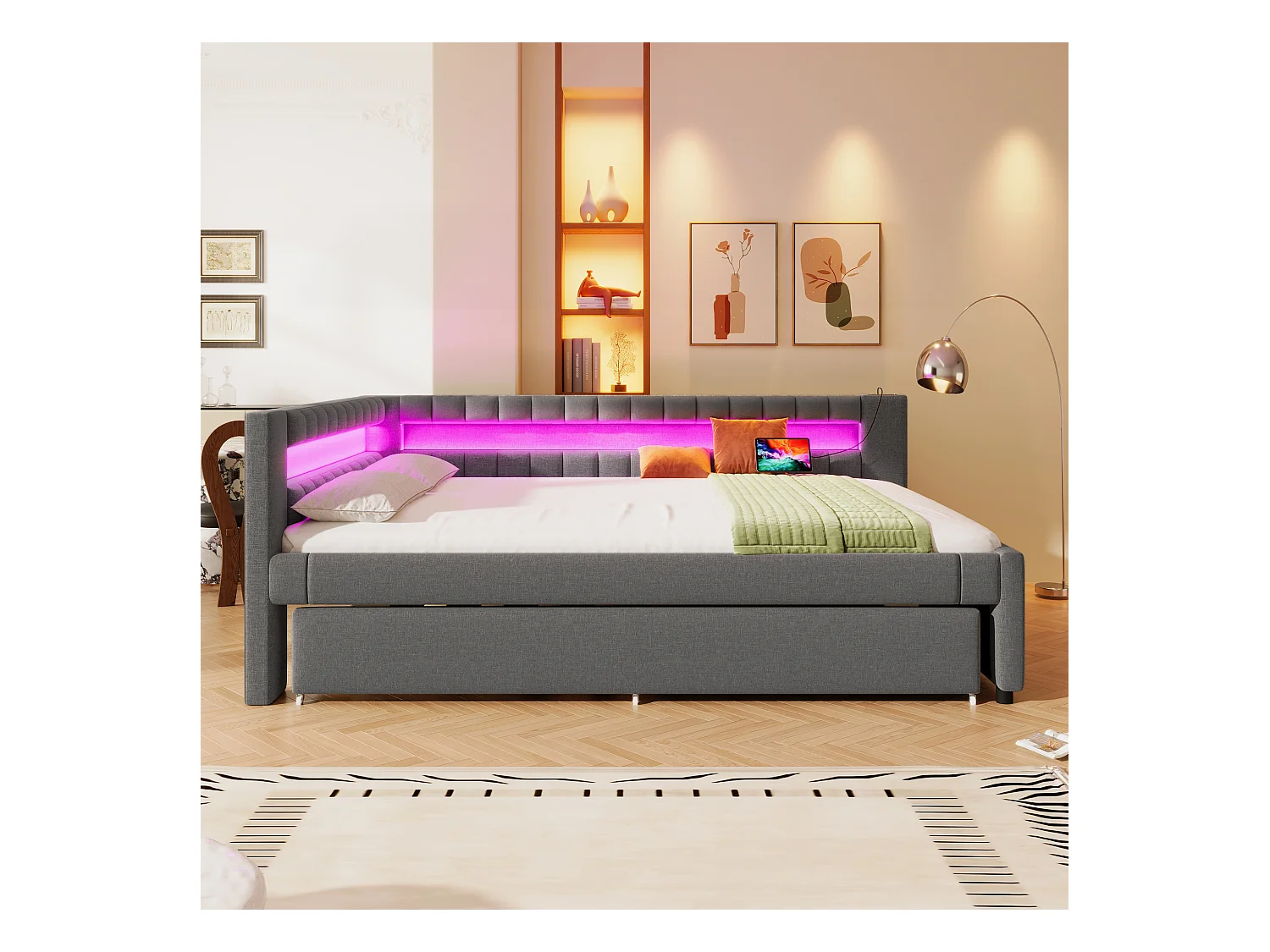 Sofá cama 140x200 cm - con iluminación LED - con cama nido - con puertos USB + TYPE-C - lino - gris (colchón no incluido)