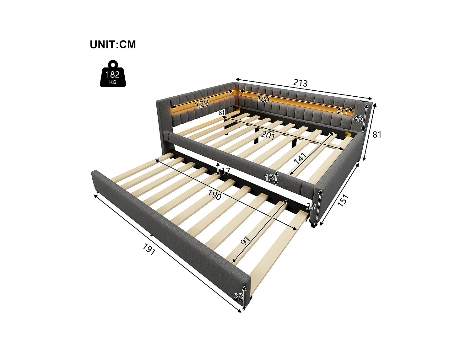 Sofá cama 140x200 cm - con iluminación LED - con cama nido - con puertos USB + TYPE-C - lino - gris (colchón no incluido)