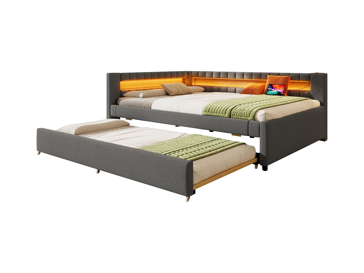 Sofá cama 140x200 cm - con iluminación LED - con cama nido - con puertos USB + TYPE-C - lino - gris (colchón no incluido)