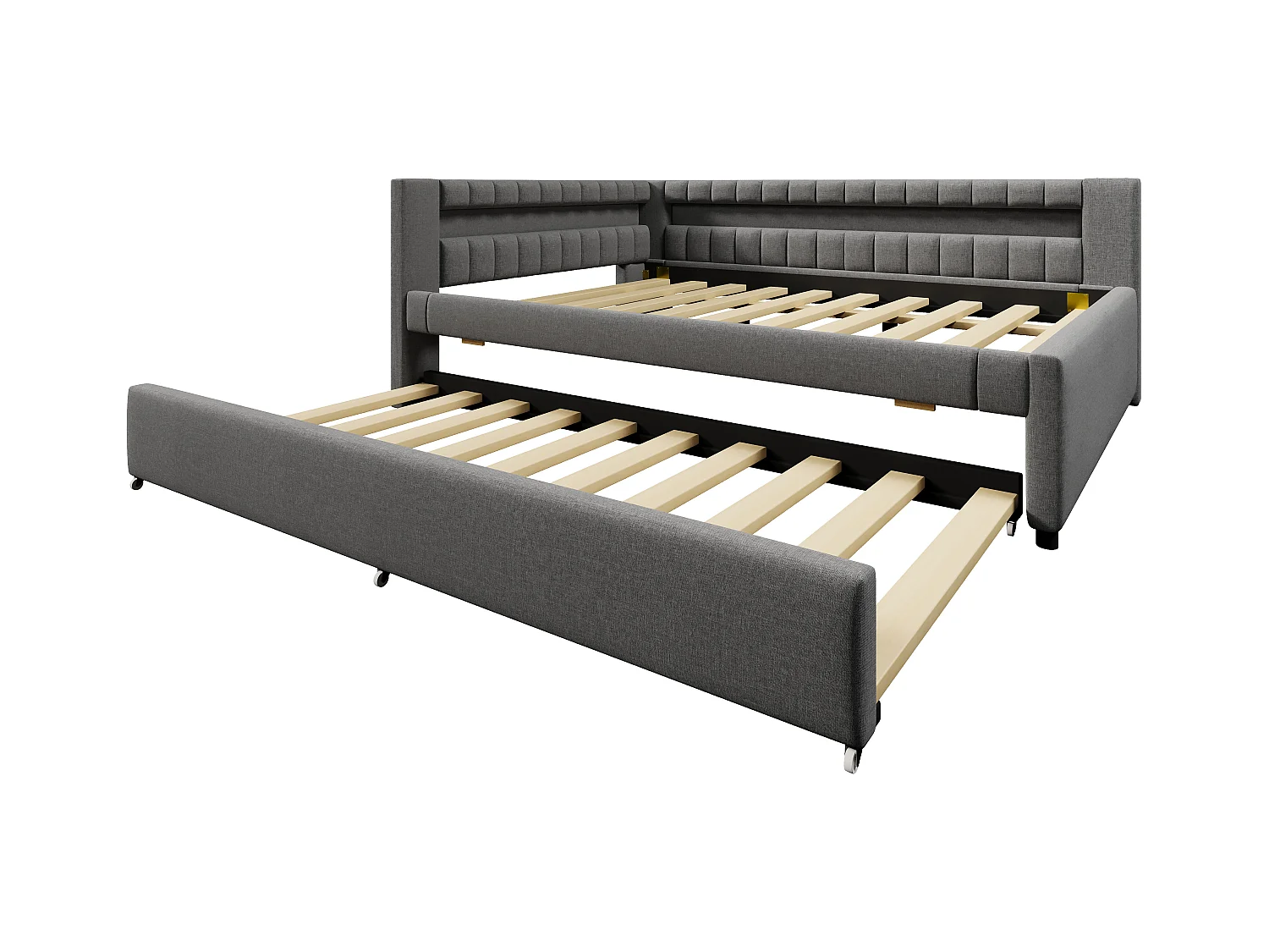 Sofá cama 140x200 cm - con iluminación LED - con cama nido - con puertos USB + TYPE-C - lino - gris (colchón no incluido)