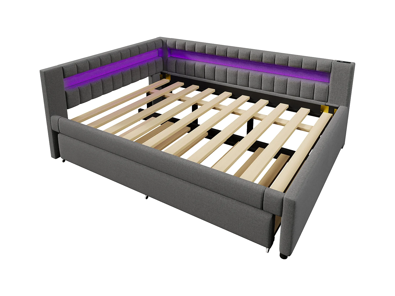 Sofá cama 140x200 cm - con iluminación LED - con cama nido - con puertos USB + TYPE-C - lino - gris (colchón no incluido)