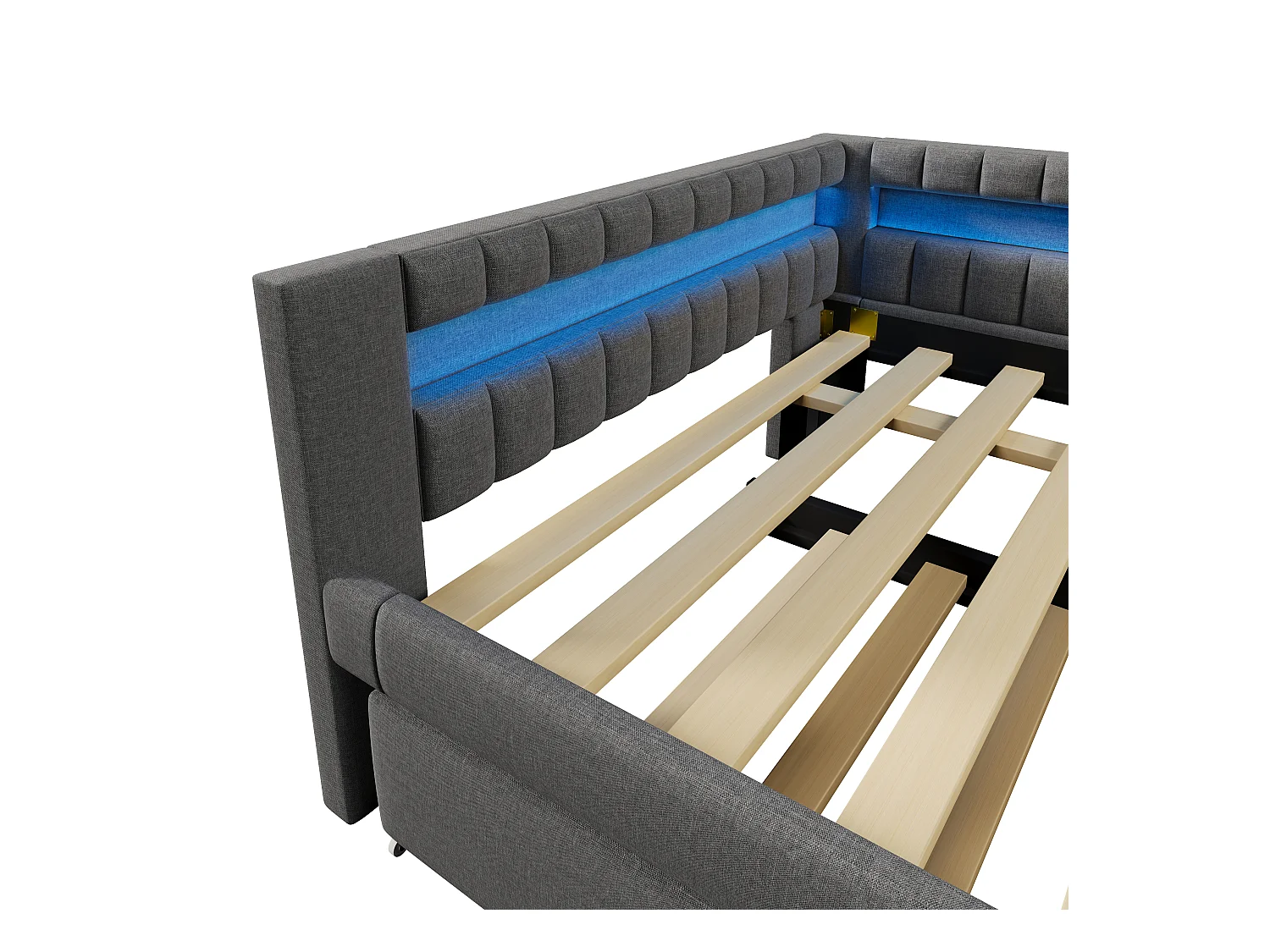 Sofá cama 140x200 cm - con iluminación LED - con cama nido - con puertos USB + TYPE-C - lino - gris (colchón no incluido)