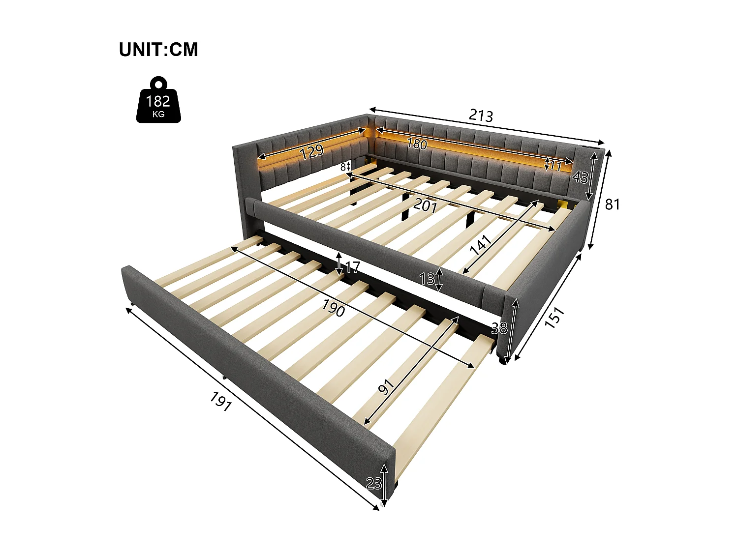 Canapé-lit 140x200 cm - avec éclairage LED - avec lit gigogne - avec USB + TYPE-C - lin - gris (matelas non inclus)