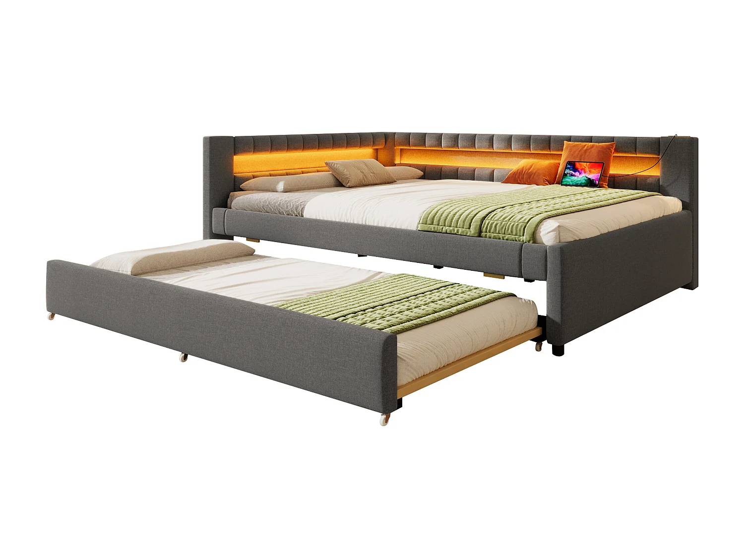 Canapé-lit 140x200 cm - avec éclairage LED - avec lit gigogne - avec USB + TYPE-C - lin - gris (matelas non inclus)