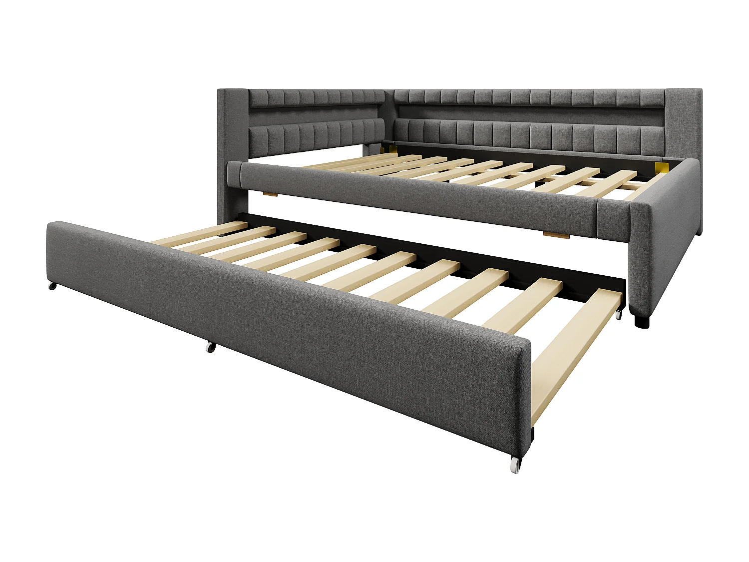 Canapé-lit 140x200 cm - avec éclairage LED - avec lit gigogne - avec USB + TYPE-C - lin - gris (matelas non inclus)