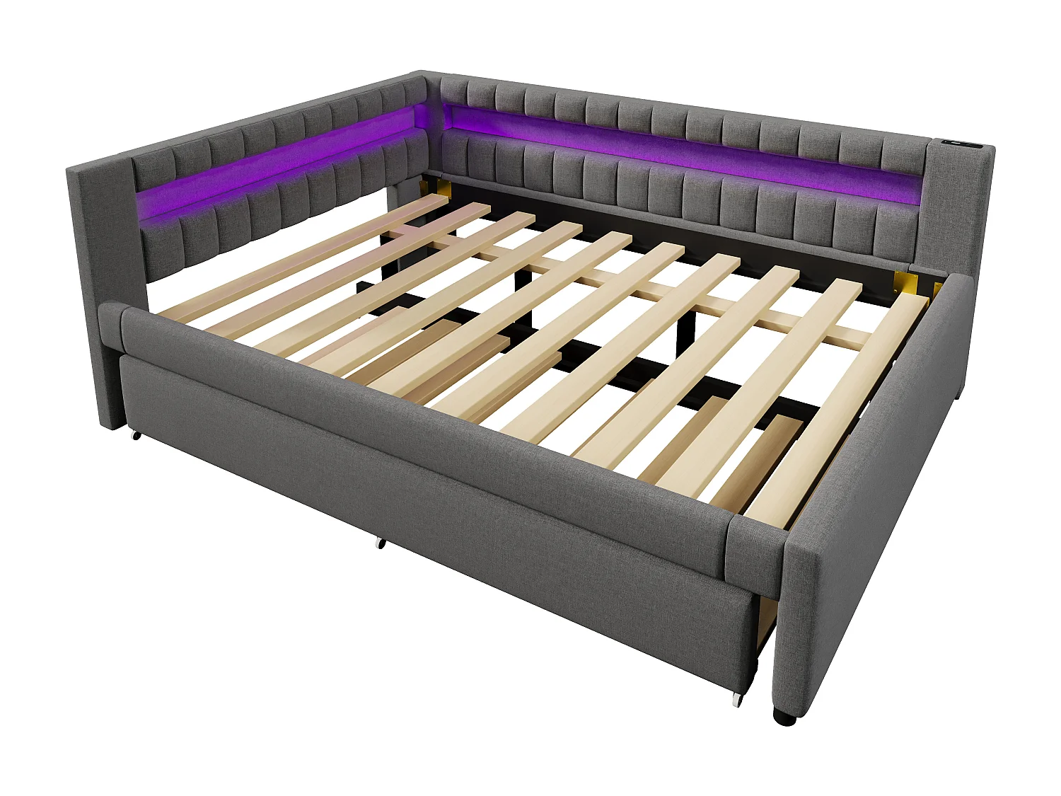 Canapé-lit 140x200 cm - avec éclairage LED - avec lit gigogne - avec USB + TYPE-C - lin - gris (matelas non inclus)