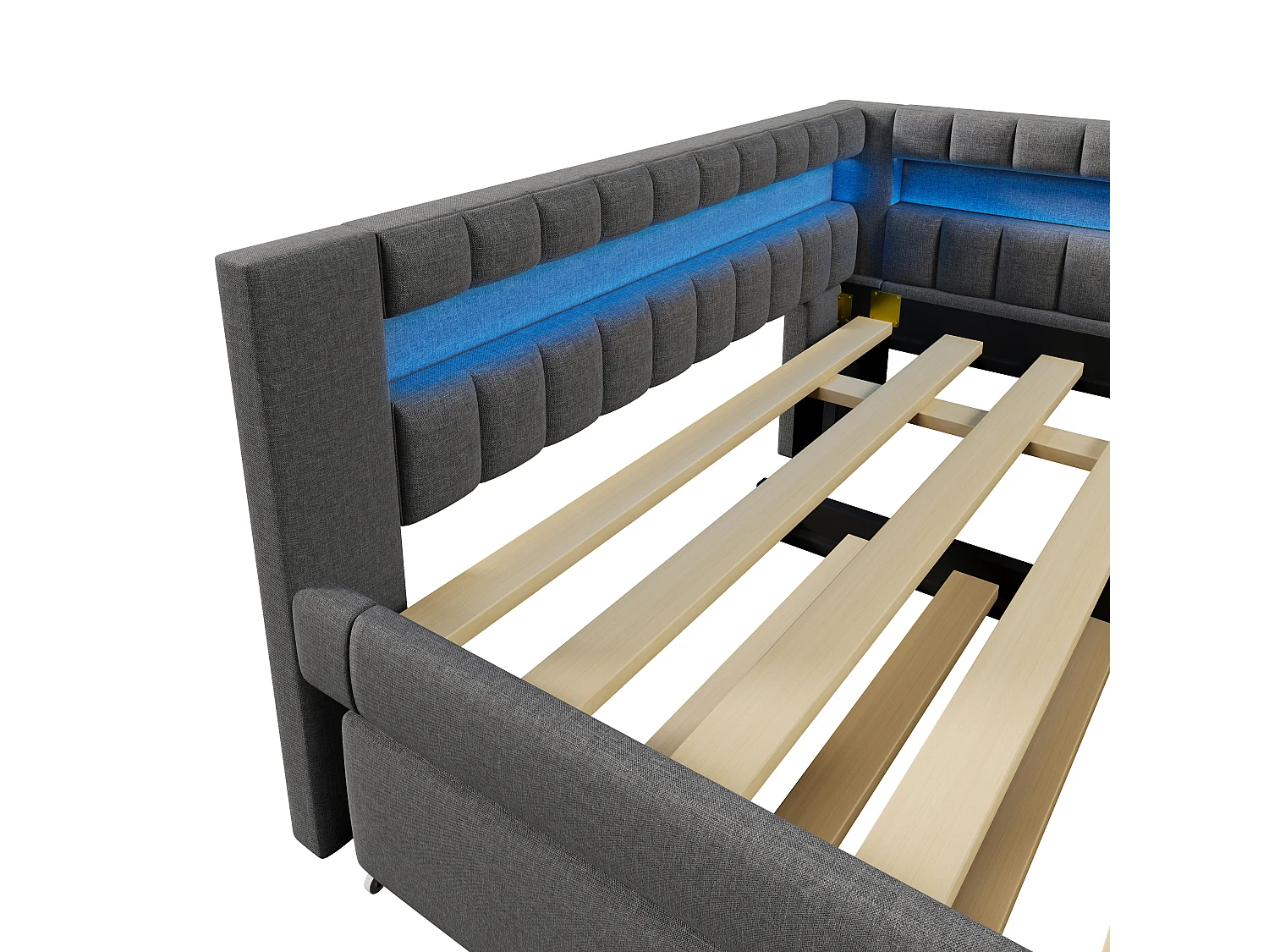 Canapé-lit 140x200 cm - avec éclairage LED - avec lit gigogne - avec USB + TYPE-C - lin - gris (matelas non inclus)