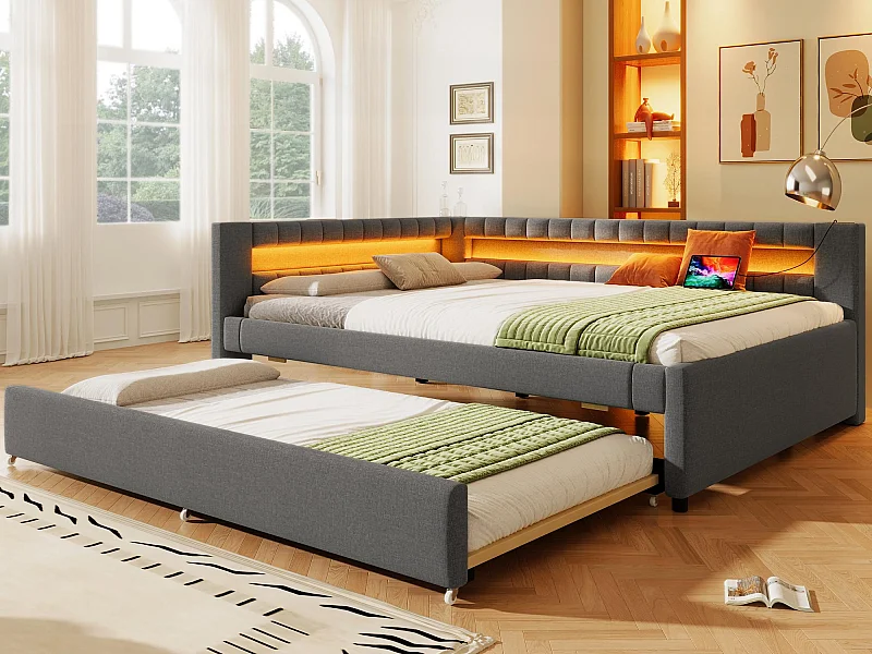 Slaapbank 140x200 cm - met LED-verlichting - met opbergbed - met USB- + TYPE-C-aansluitingen - linnen - grijs (matras niet inbegrepen)