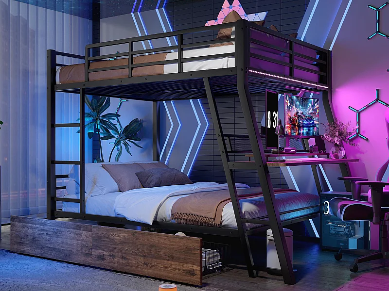 Hochbett 140x200 cm - mit LED-Beleuchtung - mit 2 Schubladen - mit Rampe + Leiter - mit Schreibtisch - schwarz