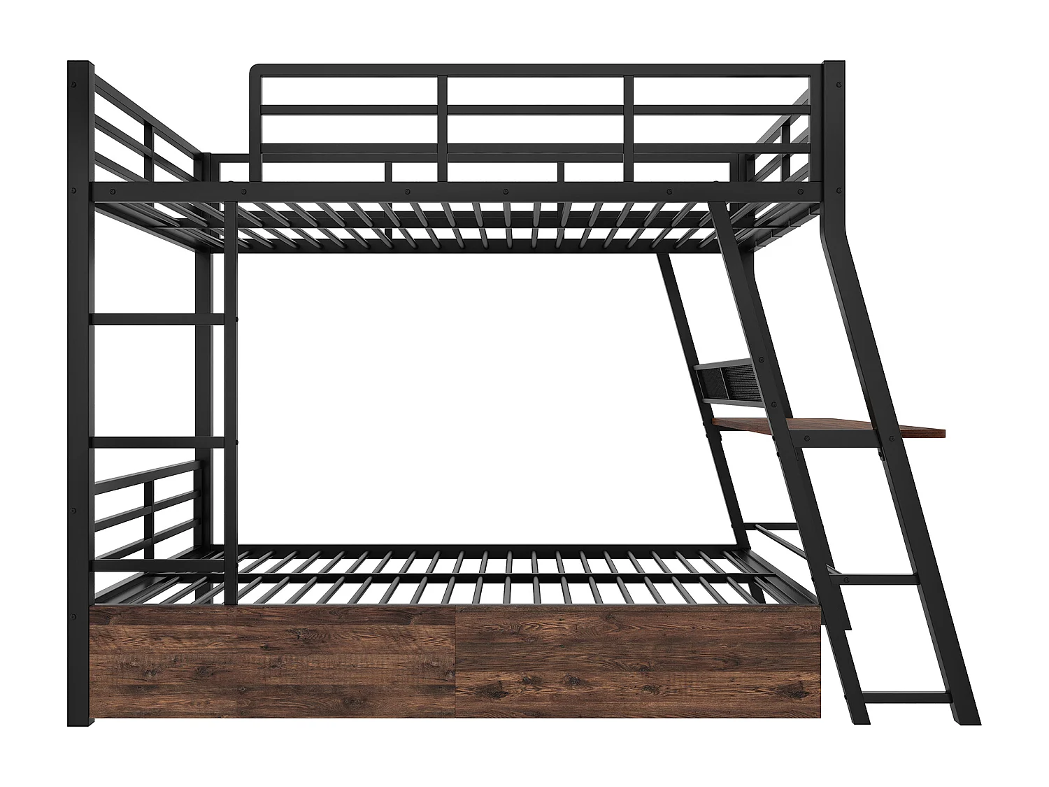 Etagenbett 140x200 cm - mit LED-Beleuchtung - mit 2 Schubladen - mit Rampe + Leiter - mit Schreibtisch - schwarz