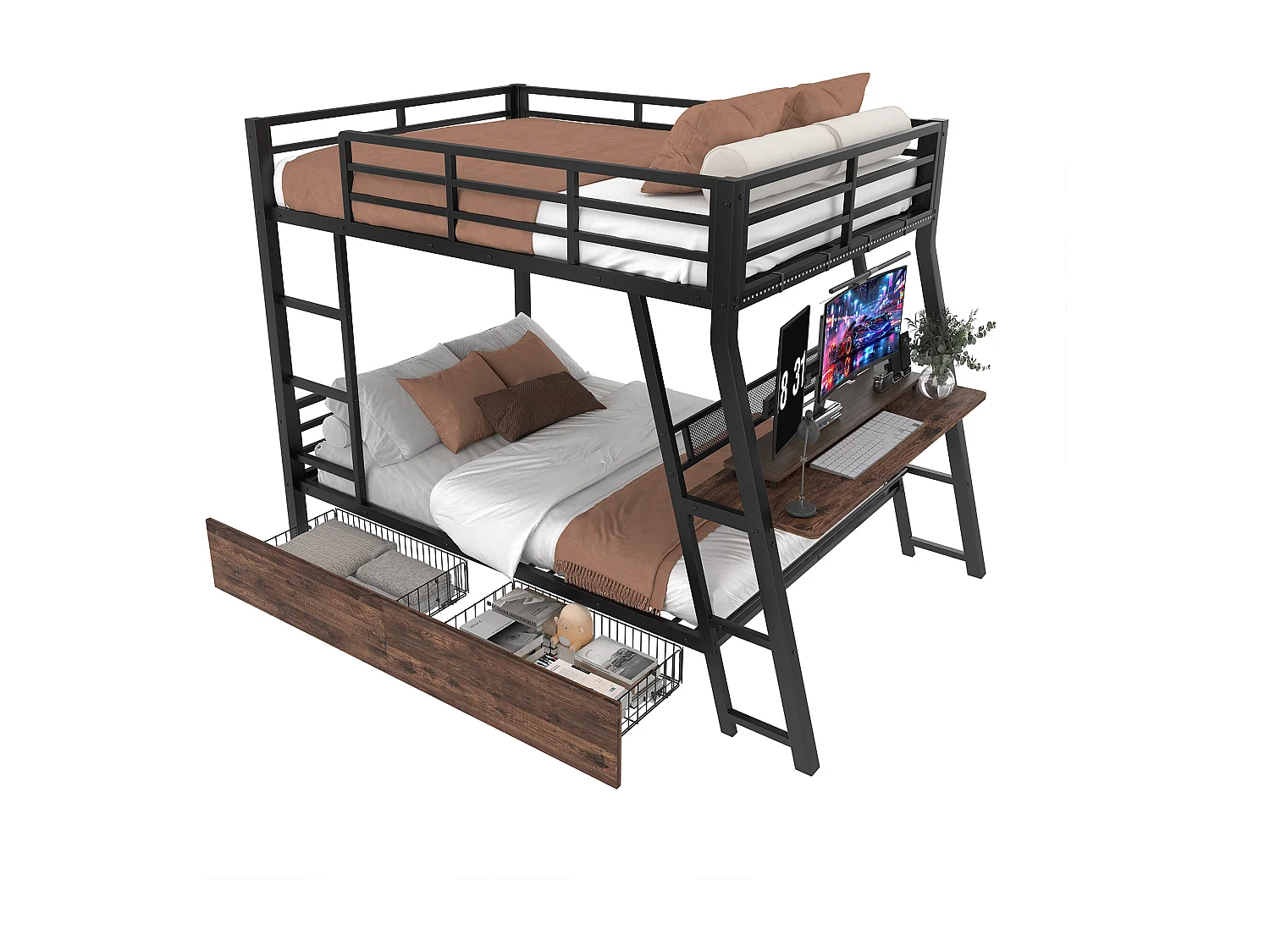 Etagenbett 140x200 cm - mit LED-Beleuchtung - mit 2 Schubladen - mit Rampe + Leiter - mit Schreibtisch - schwarz