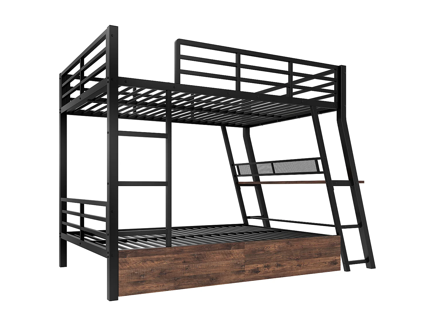 Etagenbett 140x200 cm - mit LED-Beleuchtung - mit 2 Schubladen - mit Rampe + Leiter - mit Schreibtisch - schwarz