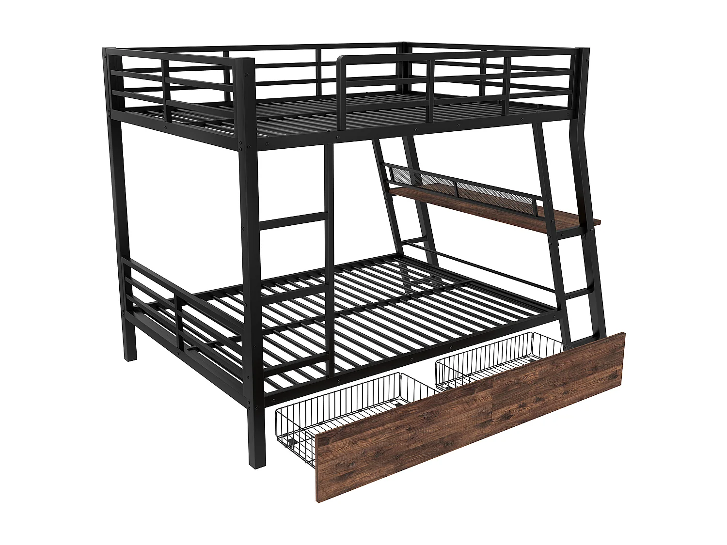 Etagenbett 140x200 cm - mit LED-Beleuchtung - mit 2 Schubladen - mit Rampe + Leiter - mit Schreibtisch - schwarz