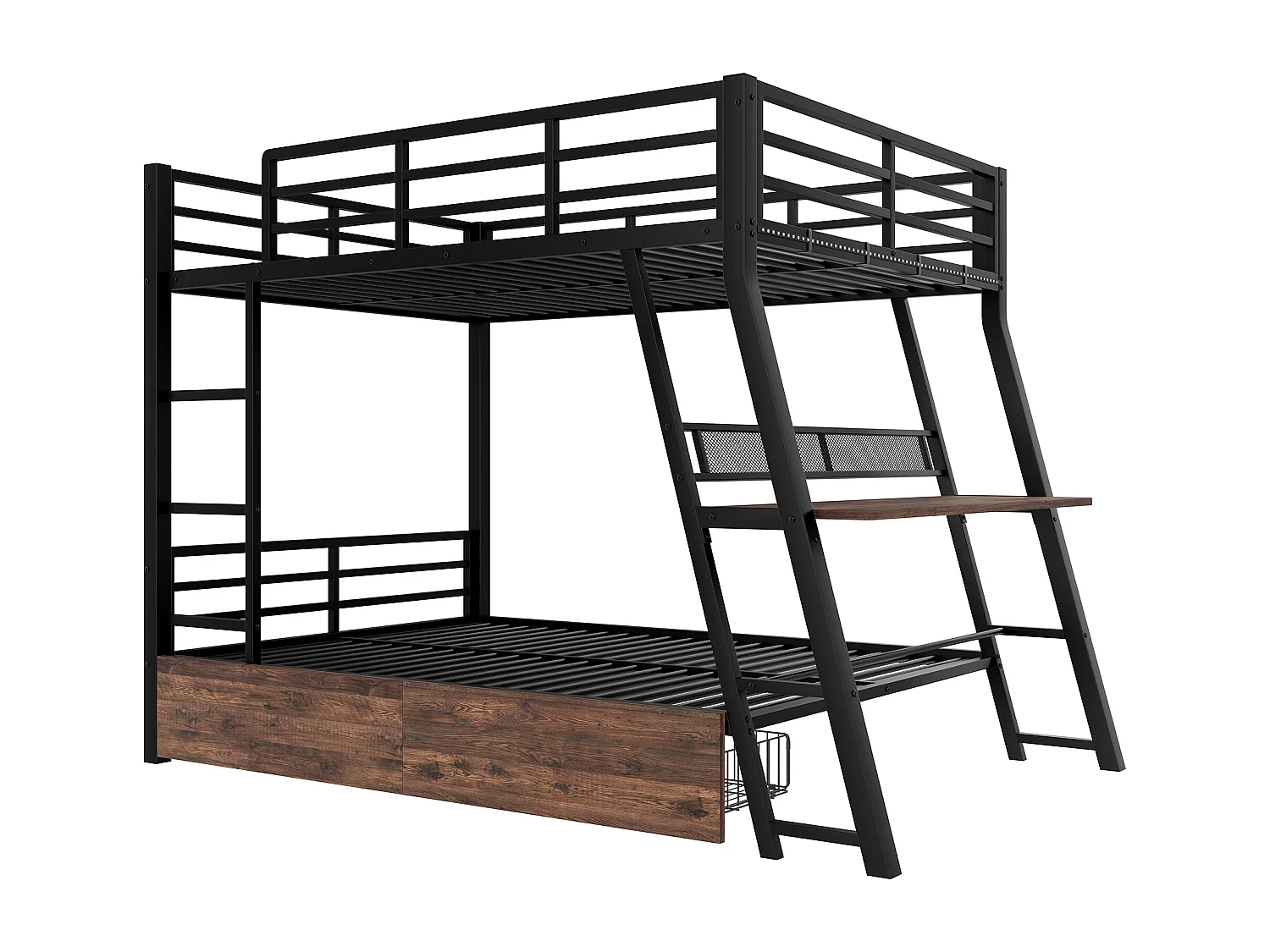 Etagenbett 140x200 cm - mit LED-Beleuchtung - mit 2 Schubladen - mit Rampe + Leiter - mit Schreibtisch - schwarz