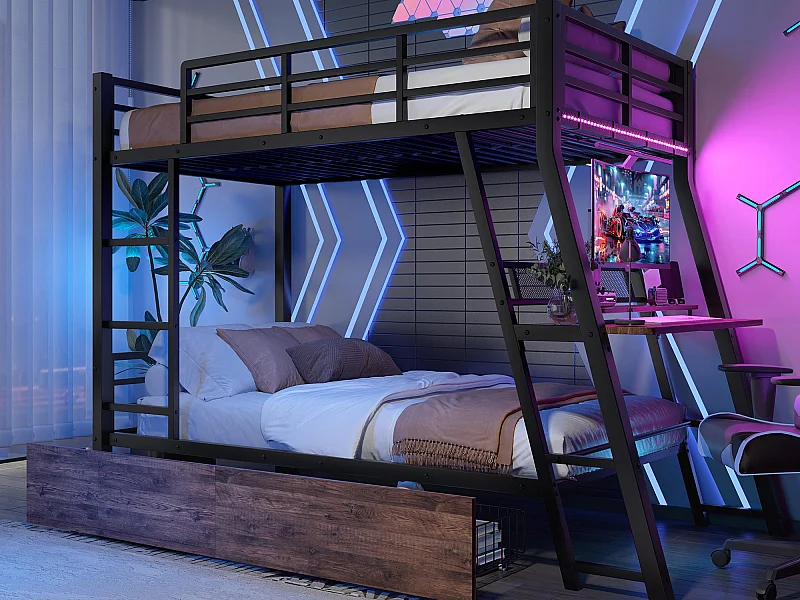 Hochbett 90x200 cm - mit LED-Beleuchtung - mit 2 Schubladen - mit Rampe + Leiter - mit Schreibtisch - schwarz