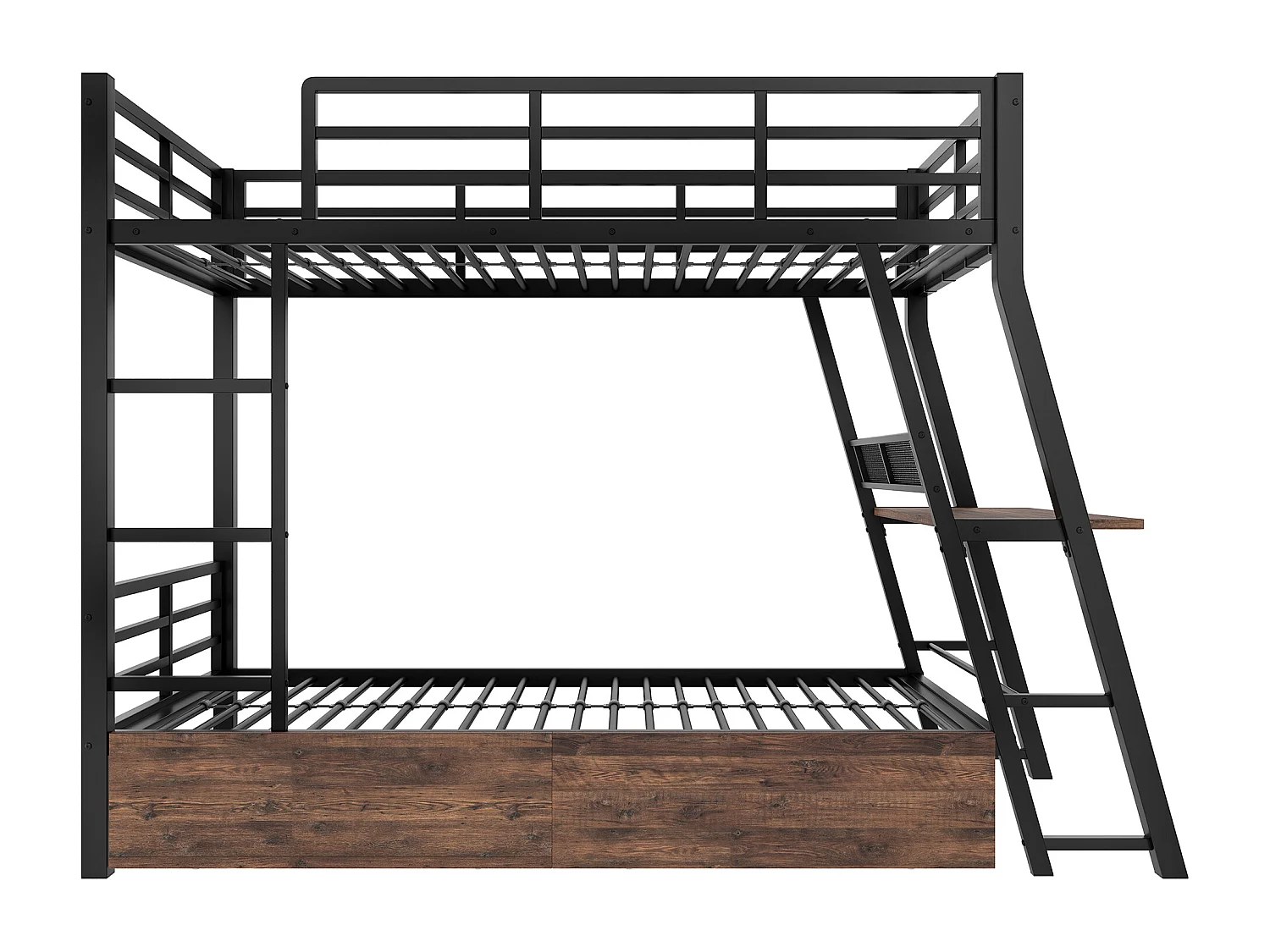 Litera 90x200 cm - con iluminación LED - con 2 cajones - con rampa + escalera - con escritorio - negro