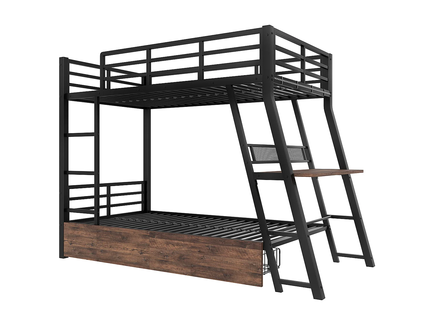 Litera 90x200 cm - con iluminación LED - con 2 cajones - con rampa + escalera - con escritorio - negro