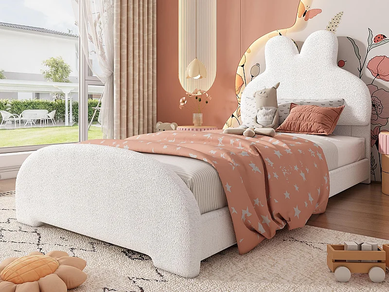 Gekuist kinderbed 90x200 cm - Hoofdeinde met konijnenoren - Wol imitatie - Wit