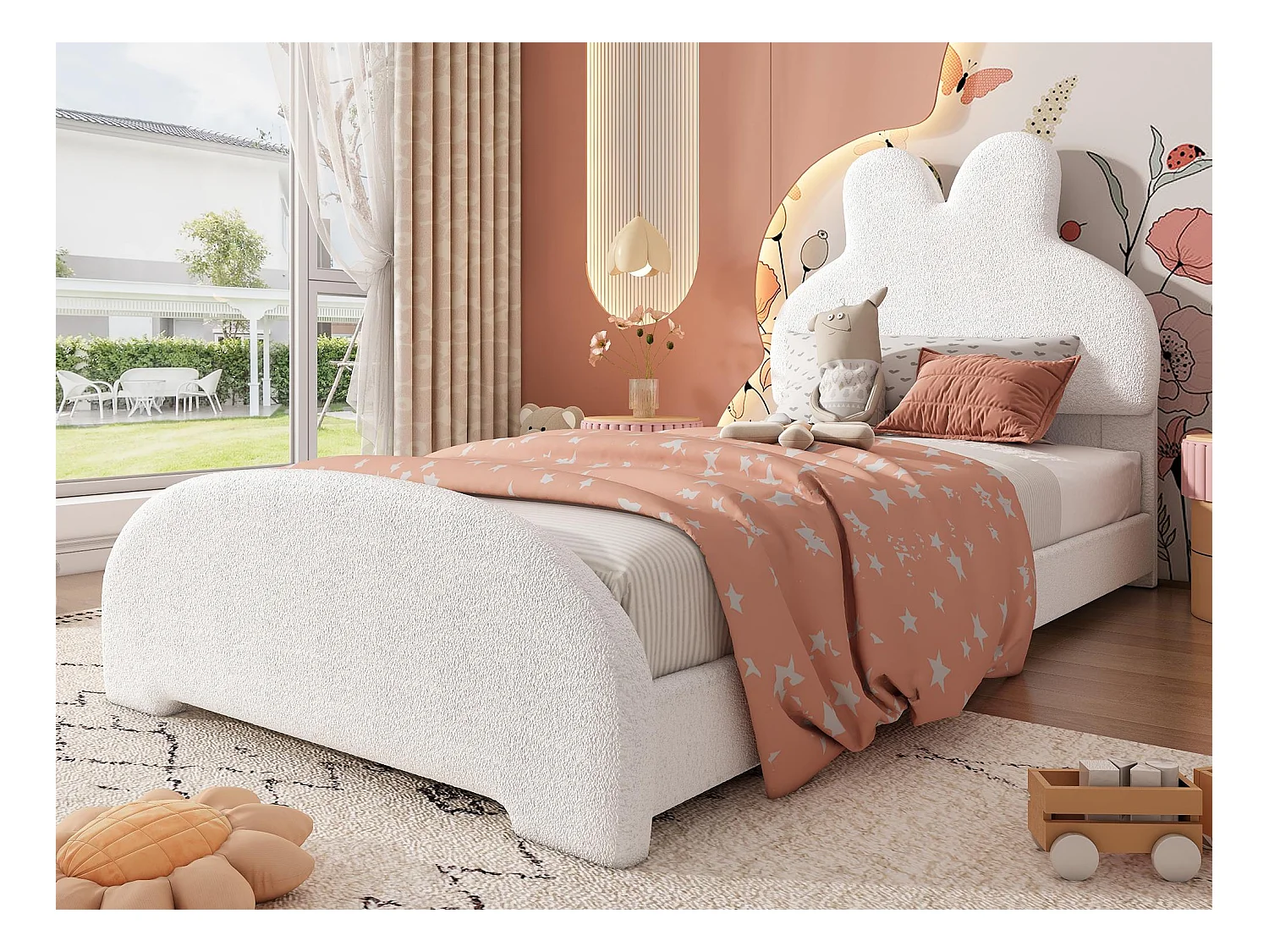 Lit enfant rembourré 90x200cm - Tête de lit oreilles de lapin - Imitation laine - Blanc