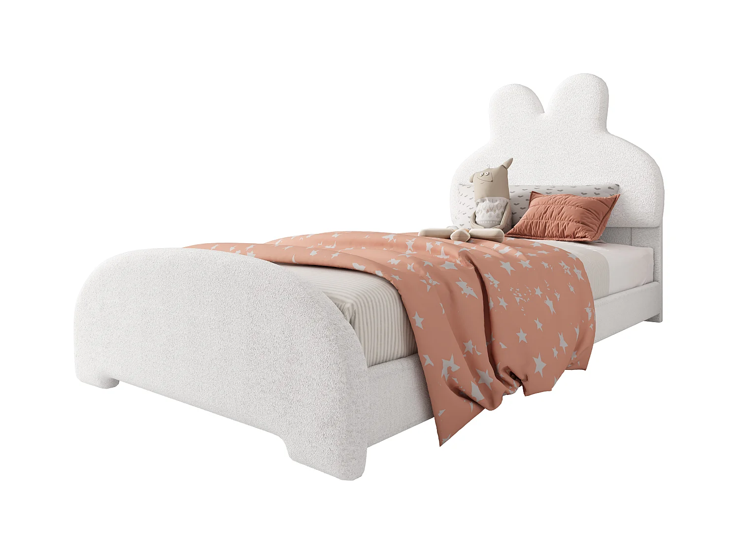 Lit enfant rembourré 90x200cm - Tête de lit oreilles de lapin - Imitation laine - Blanc