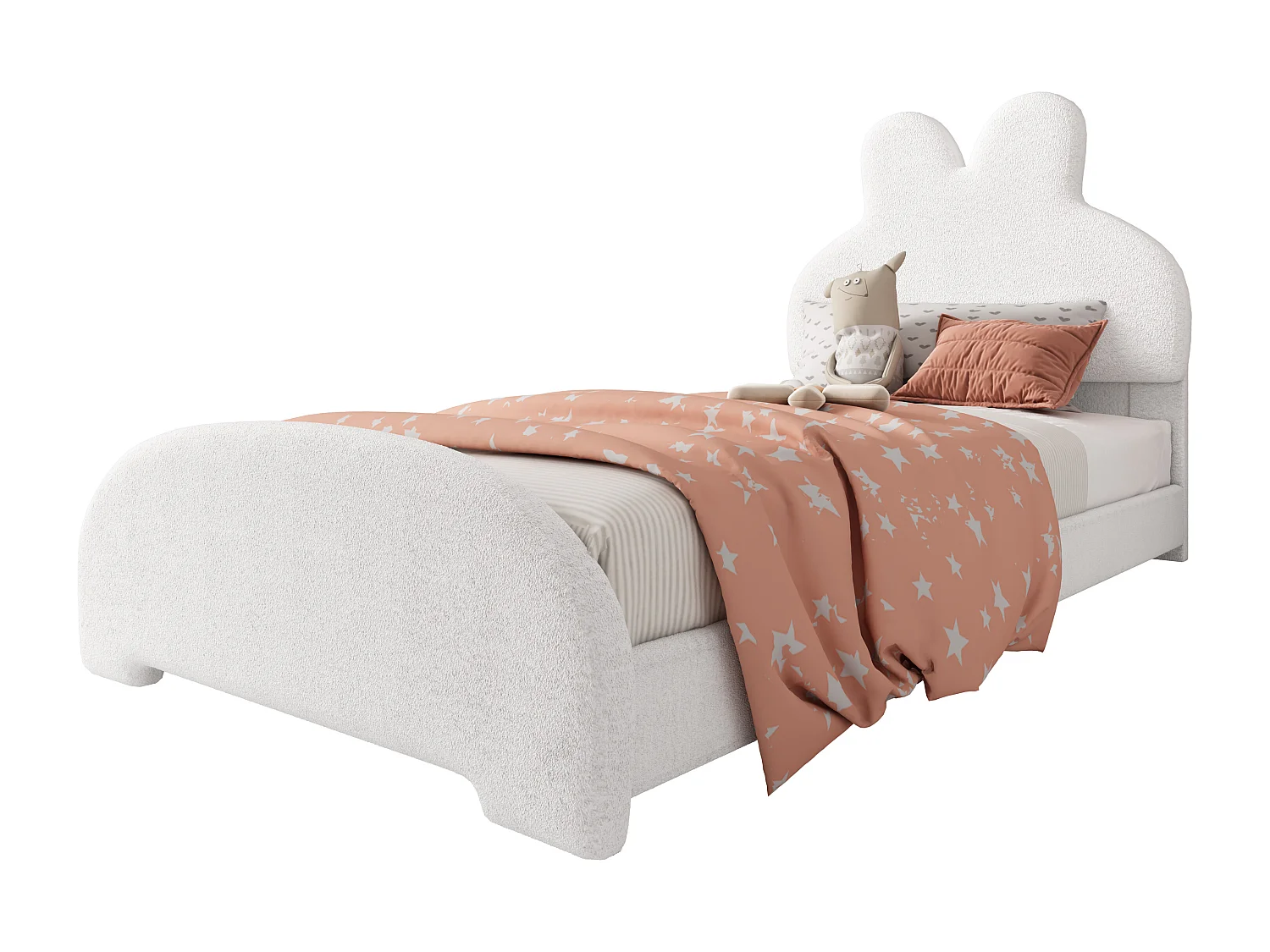 Gepolstertes Kinderbett 90x200 cm - Kopfteil mit Hasenohren - Wollimitat - Weiß