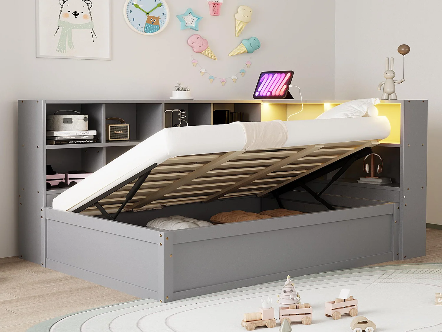 Sofá cama con almacenamiento 90x200 cm - con enchufe y almacenamiento - con barra luminosa - gris (sin colchón)