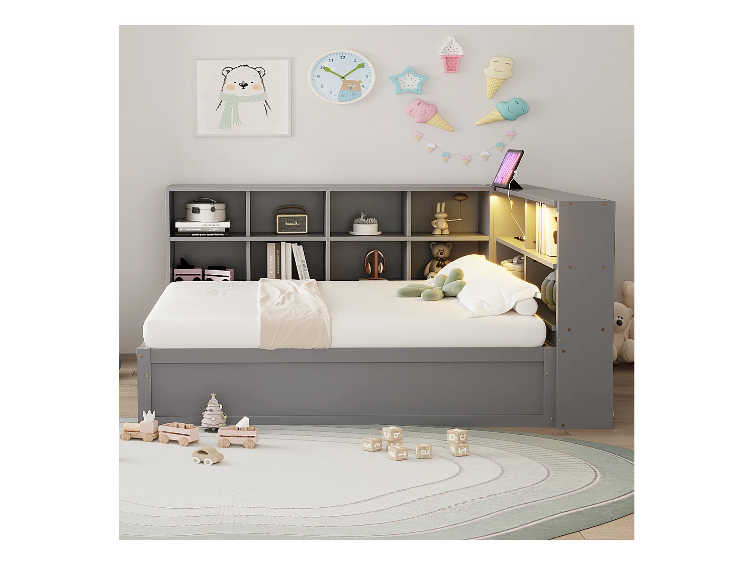 Sofá cama con almacenamiento 90x200 cm - con enchufe y almacenamiento - con barra luminosa - gris (sin colchón)