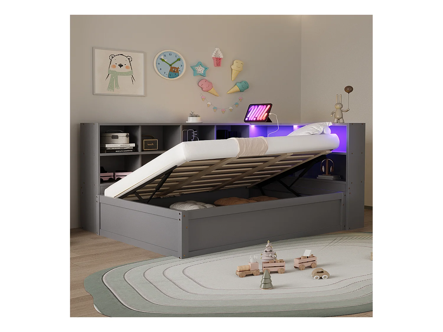 Sofá cama con almacenamiento 90x200 cm - con enchufe y almacenamiento - con barra luminosa - gris (sin colchón)