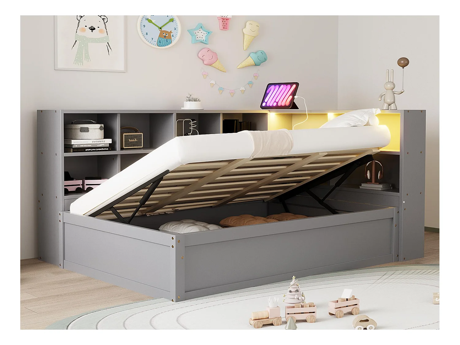 Canapé-lit coffre 90x200cm - Avec prise et rangement - Avec barre lumineuse - Gris (sans matelas)