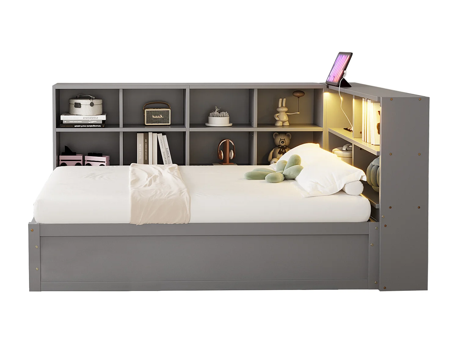 Canapé-lit coffre 90x200cm - Avec prise et rangement - Avec barre lumineuse - Gris (sans matelas)