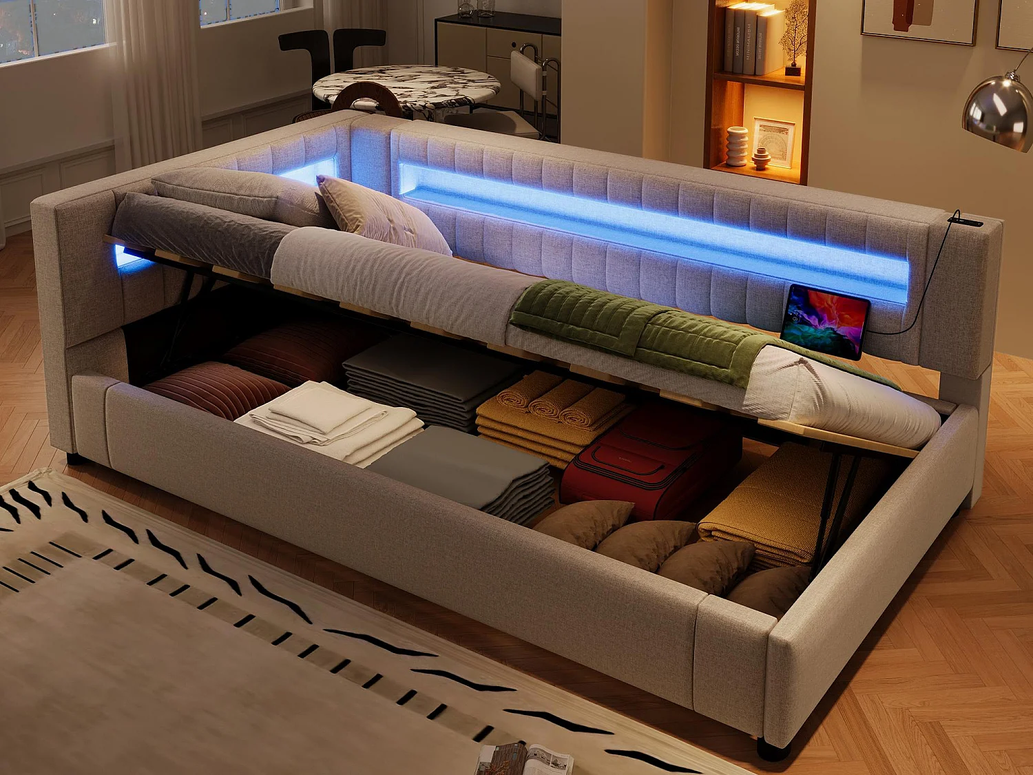 Sofá cama con almacenamiento 90x200 cm - con banda luminosa LED - con puertos USB + TYPE-C - lino - beige (sin colchón)