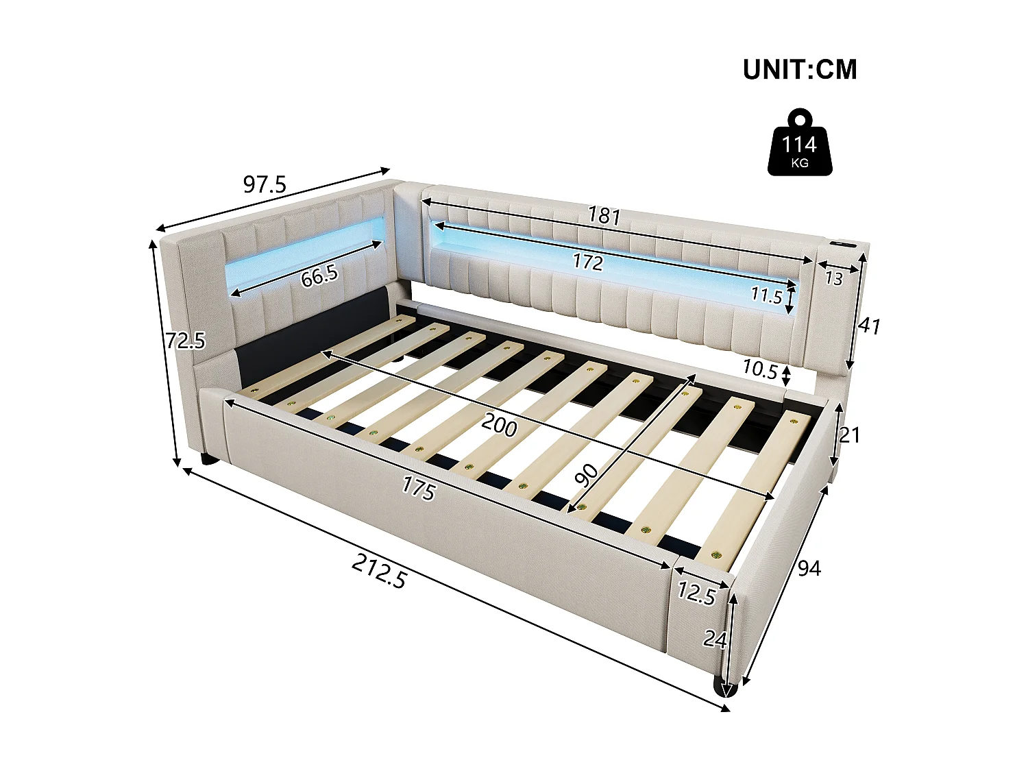 Sofá cama con almacenamiento 90x200 cm - con banda luminosa LED - con puertos USB + TYPE-C - lino - beige (sin colchón)