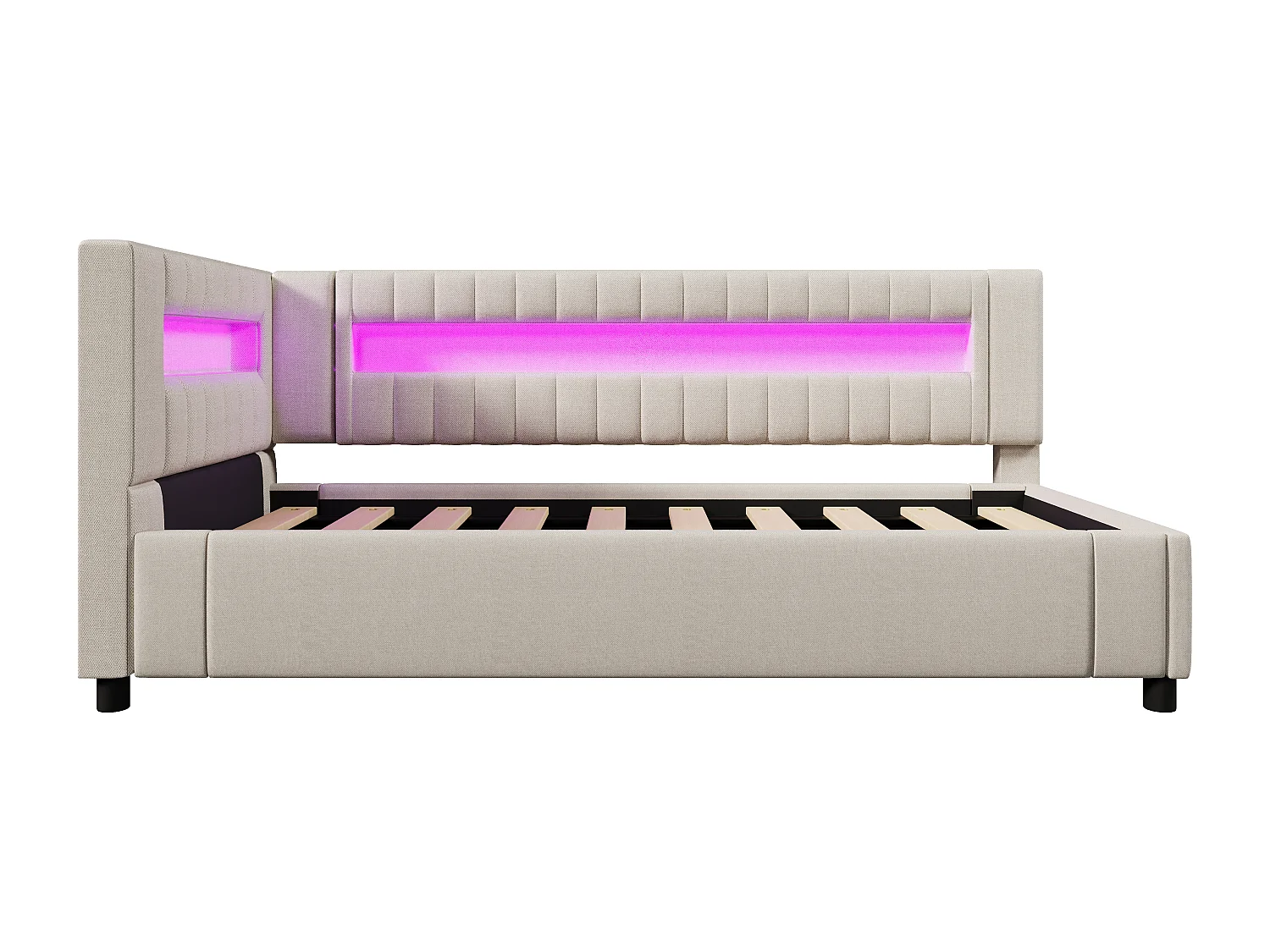 Sofá cama con almacenamiento 90x200 cm - con banda luminosa LED - con puertos USB + TYPE-C - lino - beige (sin colchón)