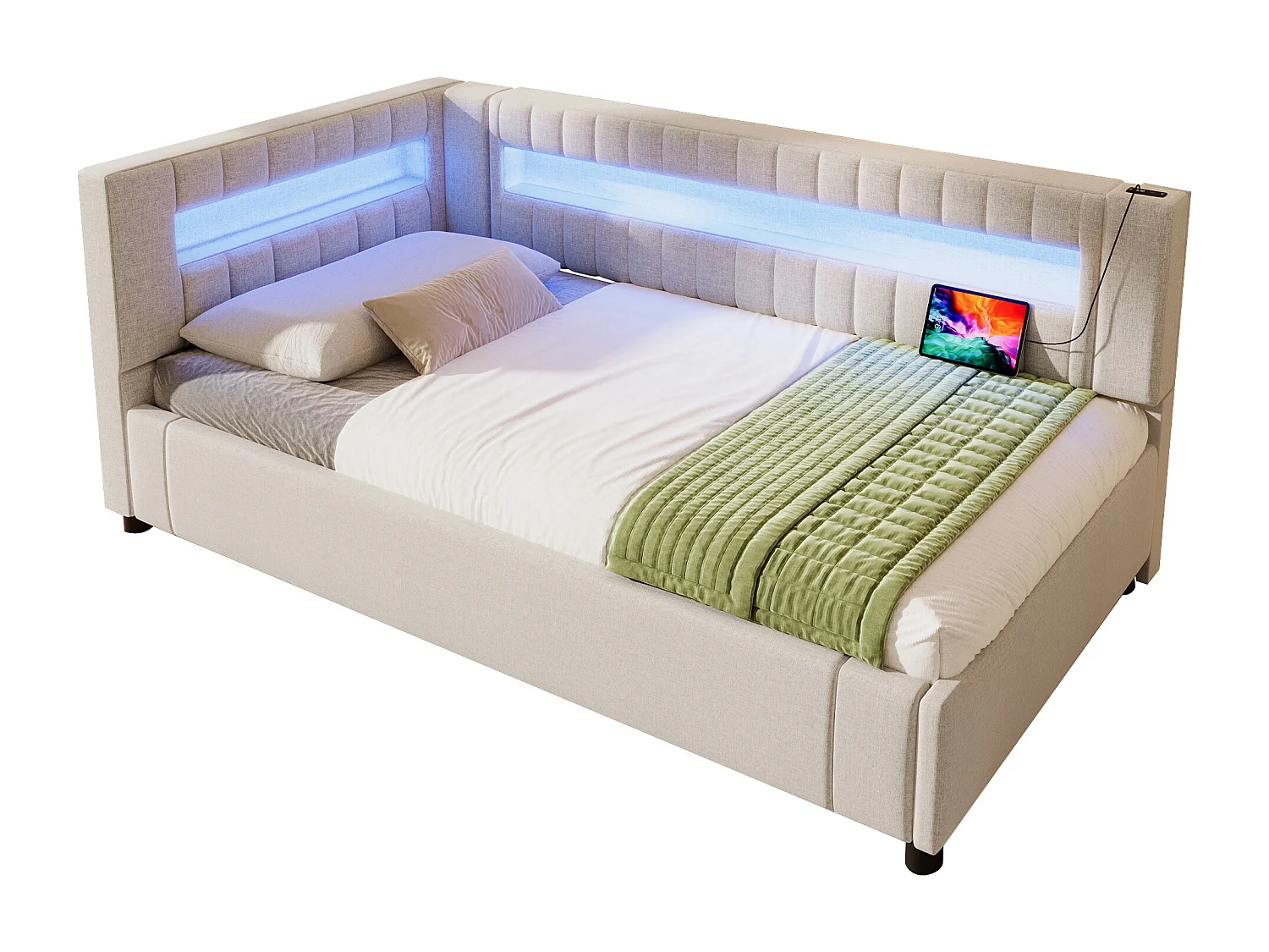 Slaapbank met opbergruimte 90x200 cm - met LED-lichtstrip - met USB- + TYPE-C-aansluitingen - linnen - beige (zonder matras)