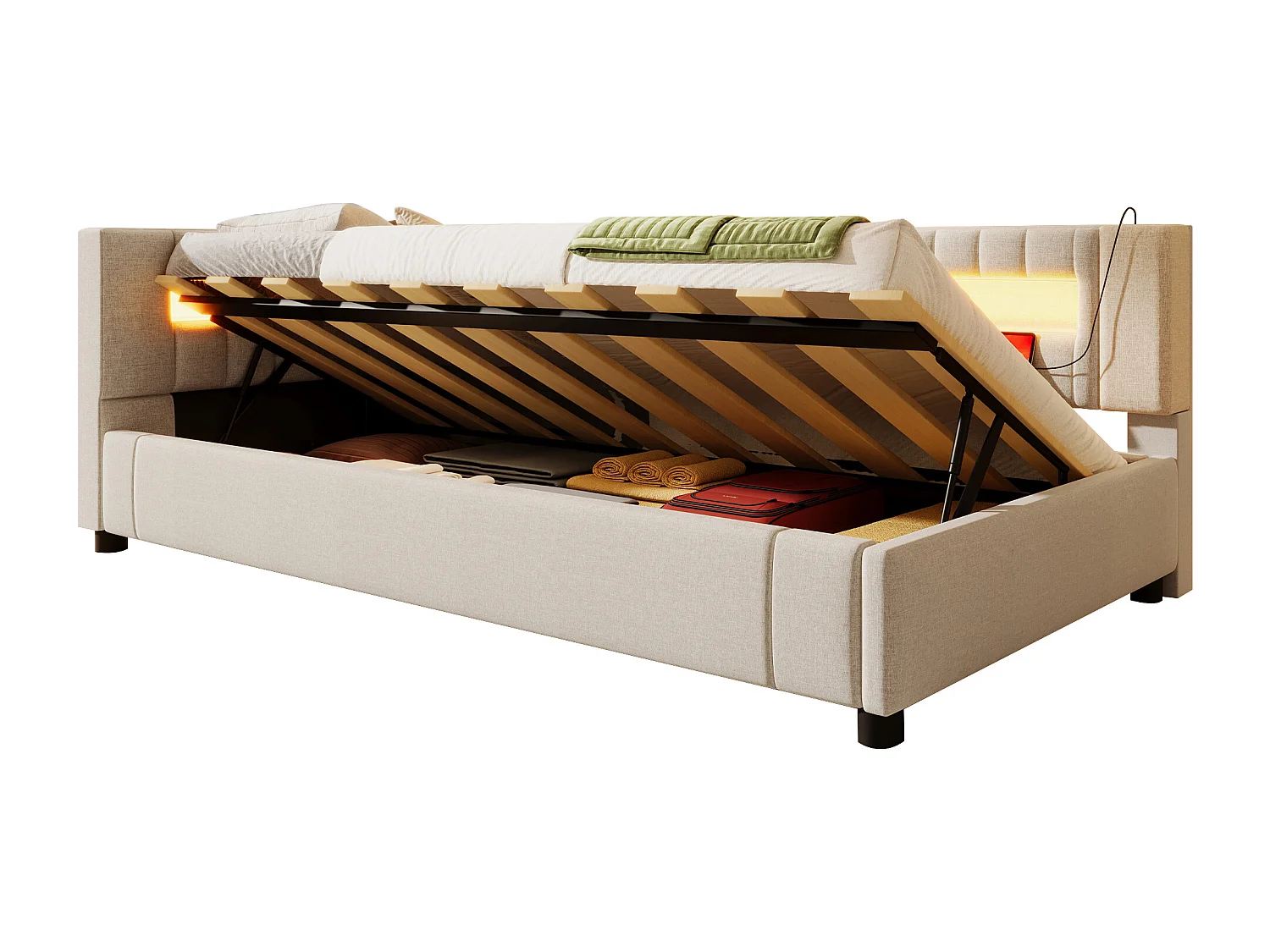Slaapbank met opbergruimte 90x200 cm - met LED-lichtstrip - met USB- + TYPE-C-aansluitingen - linnen - beige (zonder matras)
