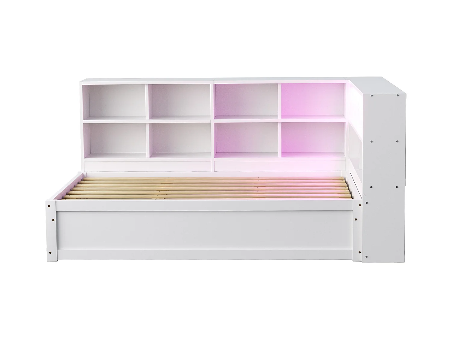 Kanapa rozkładana z pojemnikiem 90x200 cm - z gniazdkiem i schowkiem - z listwą LED - biała (materac nie jest w zestawie)