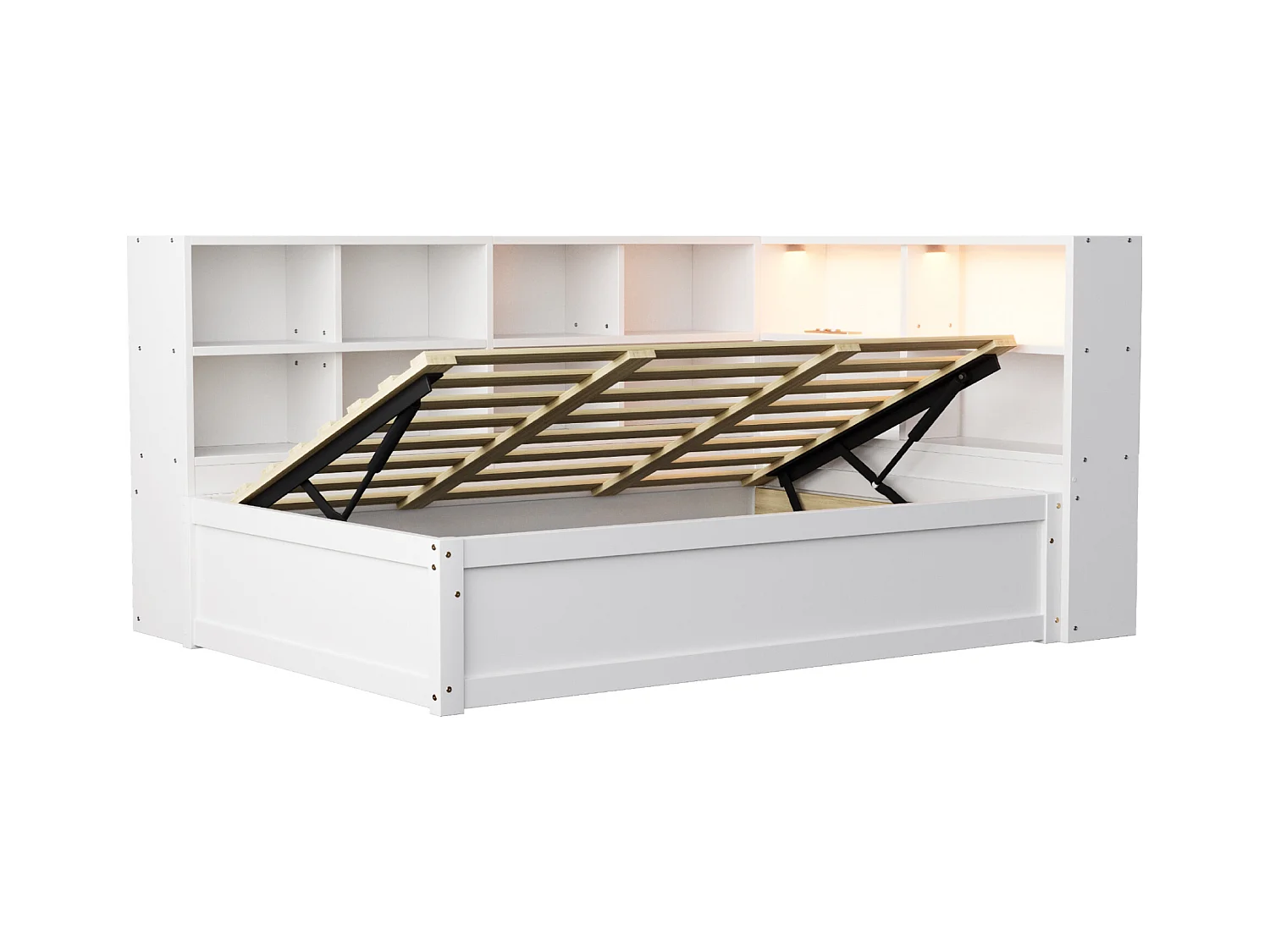 Kanapa rozkładana z pojemnikiem 90x200 cm - z gniazdkiem i schowkiem - z listwą LED - biała (materac nie jest w zestawie)