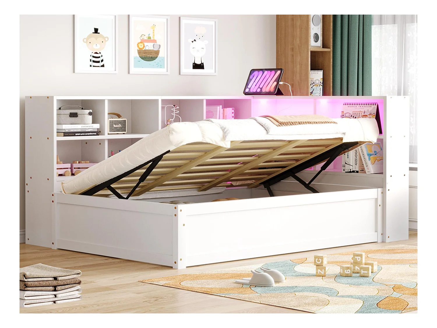 Canapé-lit coffre 90x200cm - Avec prise et rangement - Avec barre lumineuse - Blanc (sans matelas)