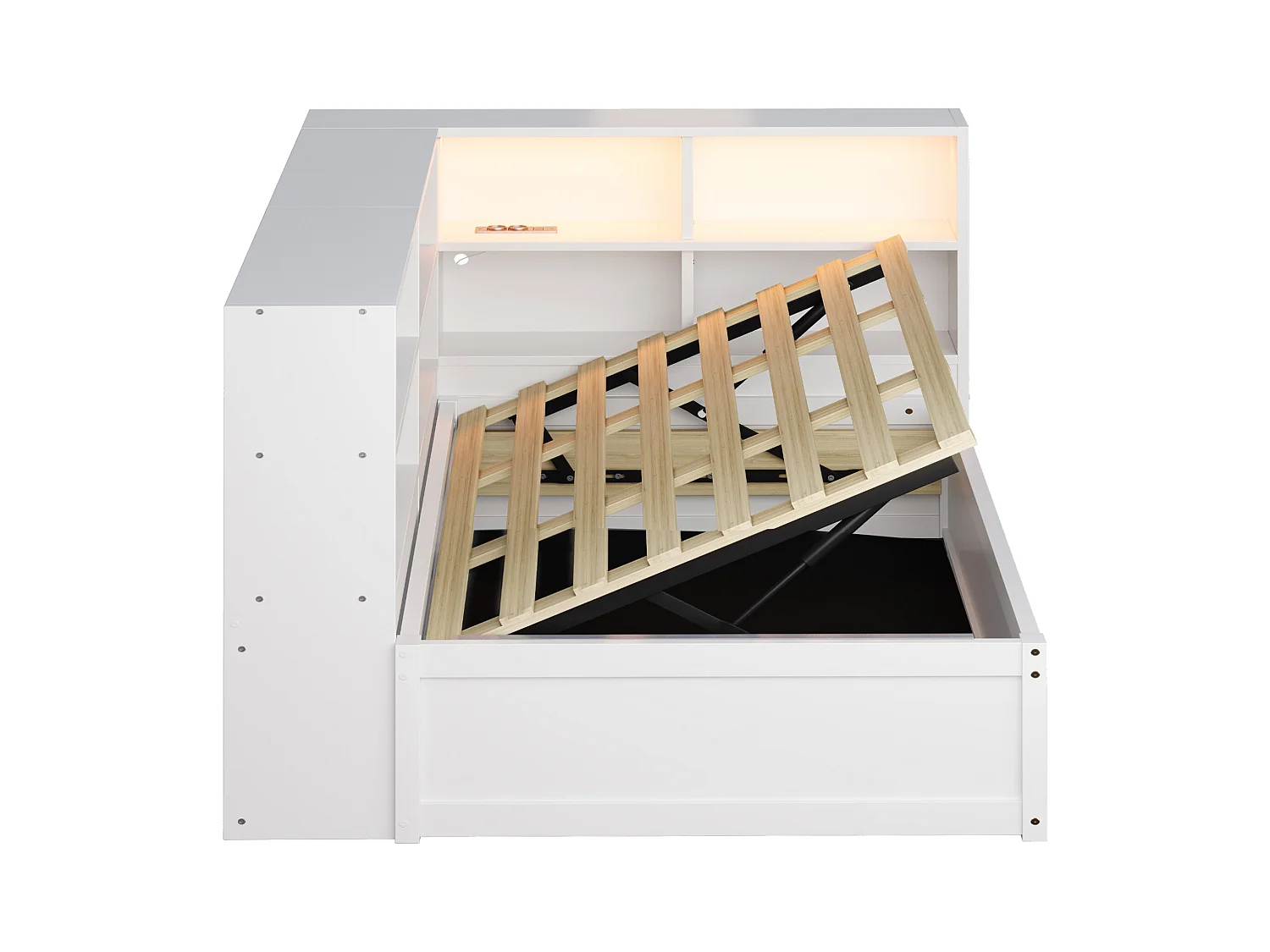 Canapé-lit coffre 90x200cm - Avec prise et rangement - Avec barre lumineuse - Blanc (sans matelas)