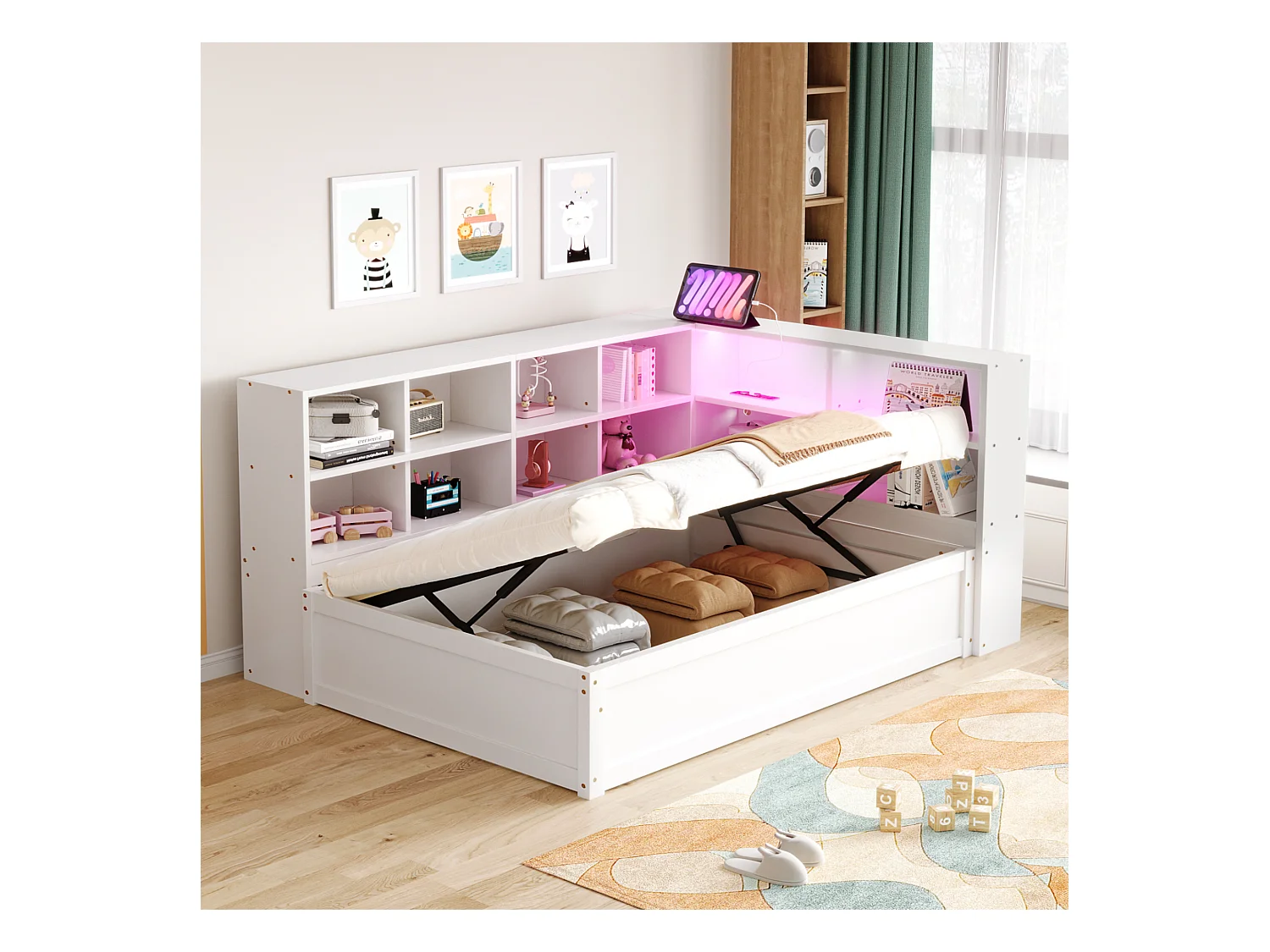 Canapé-lit coffre 90x200cm - Avec prise et rangement - Avec barre lumineuse - Blanc (sans matelas)