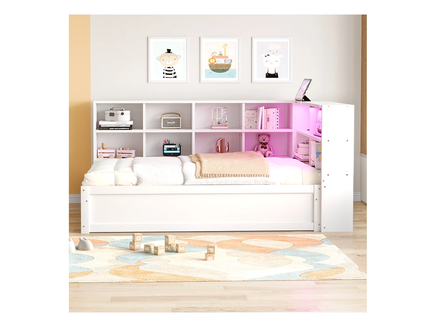 Canapé-lit coffre 90x200cm - Avec prise et rangement - Avec barre lumineuse - Blanc (sans matelas)