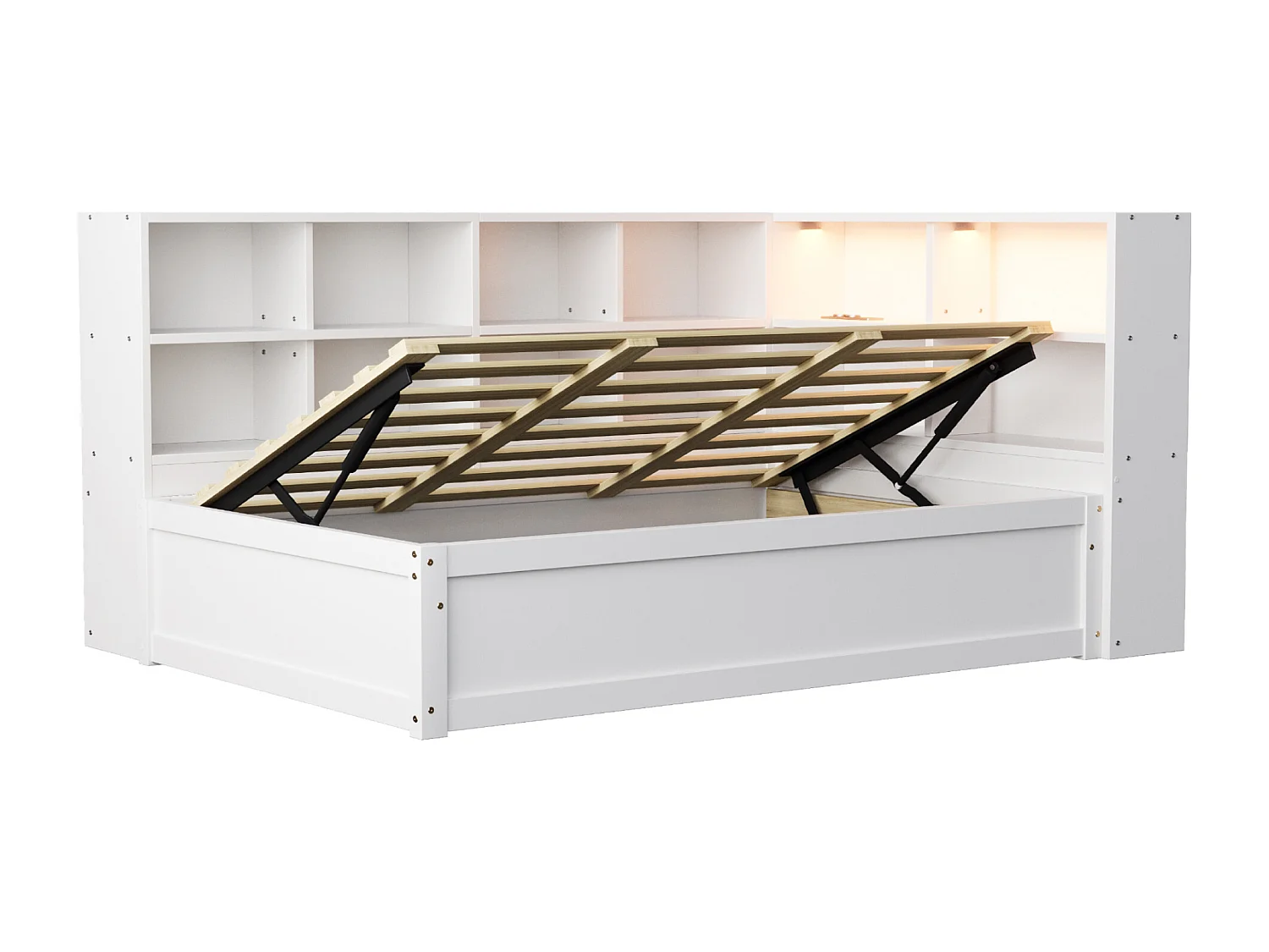 Canapé-lit coffre 90x200cm - Avec prise et rangement - Avec barre lumineuse - Blanc (sans matelas)