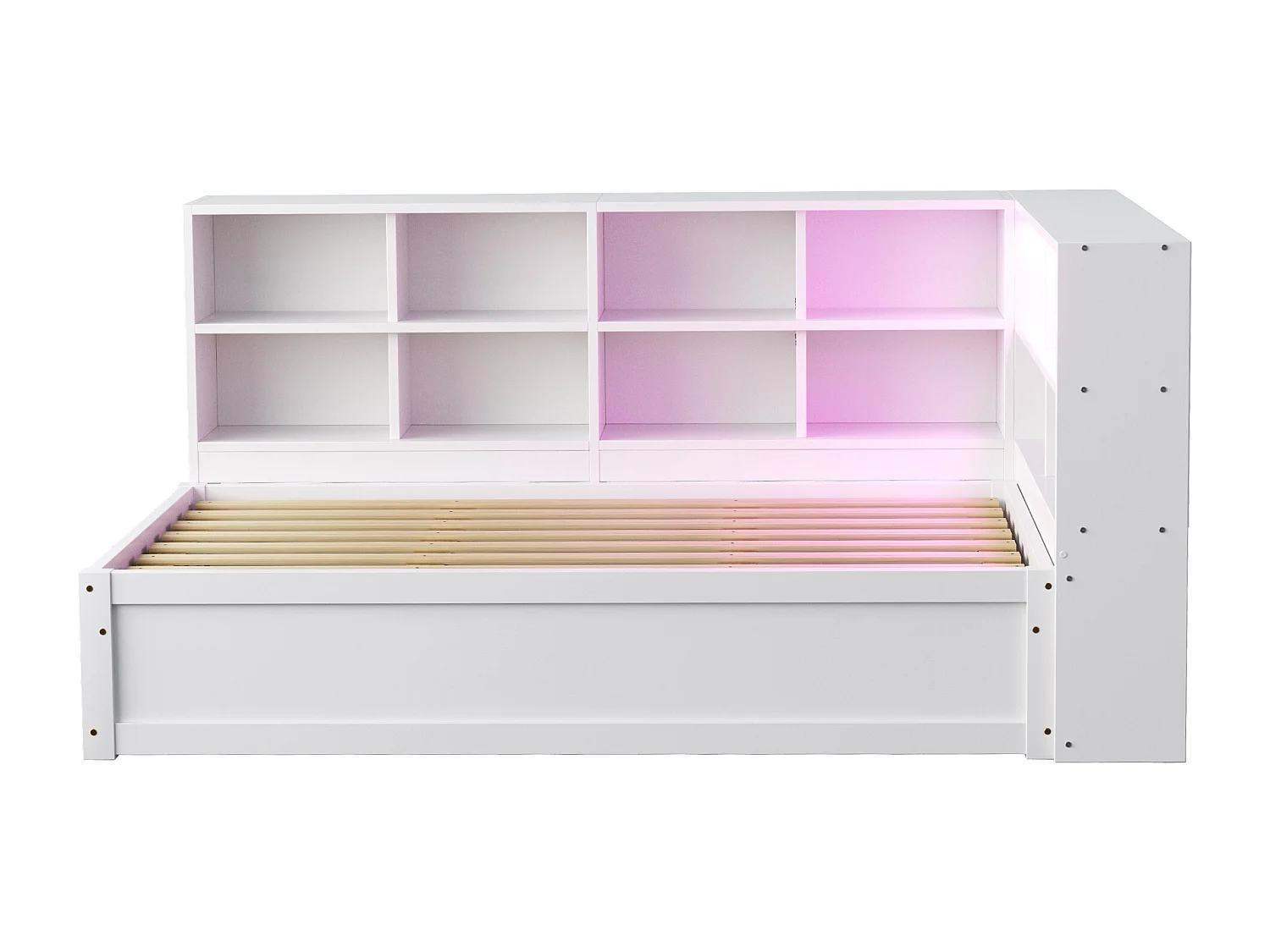 Kanapa rozkładana z pojemnikiem 90x200 cm - z gniazdkiem i schowkiem - z listwą LED - biała (materac nie jest w zestawie)