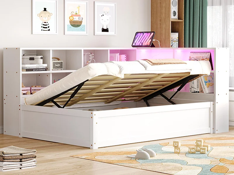 Canapé-lit coffre 90x200cm - Avec prise et rangement - Avec barre lumineuse - Blanc (sans matelas)